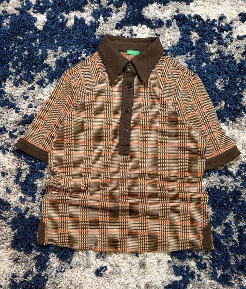Vintage United Colors of Benetton Plaid Polo Shirt Brown Orange